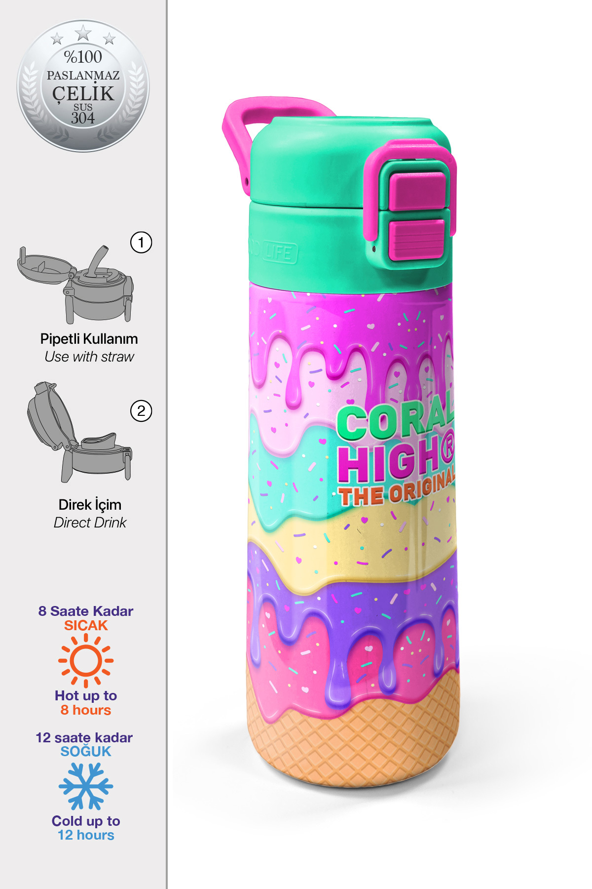 Kids Pembe Rengarenk Dondurma Desenli Pipetli ve Direkt İçim Çelik Termos 500 ml 31938
