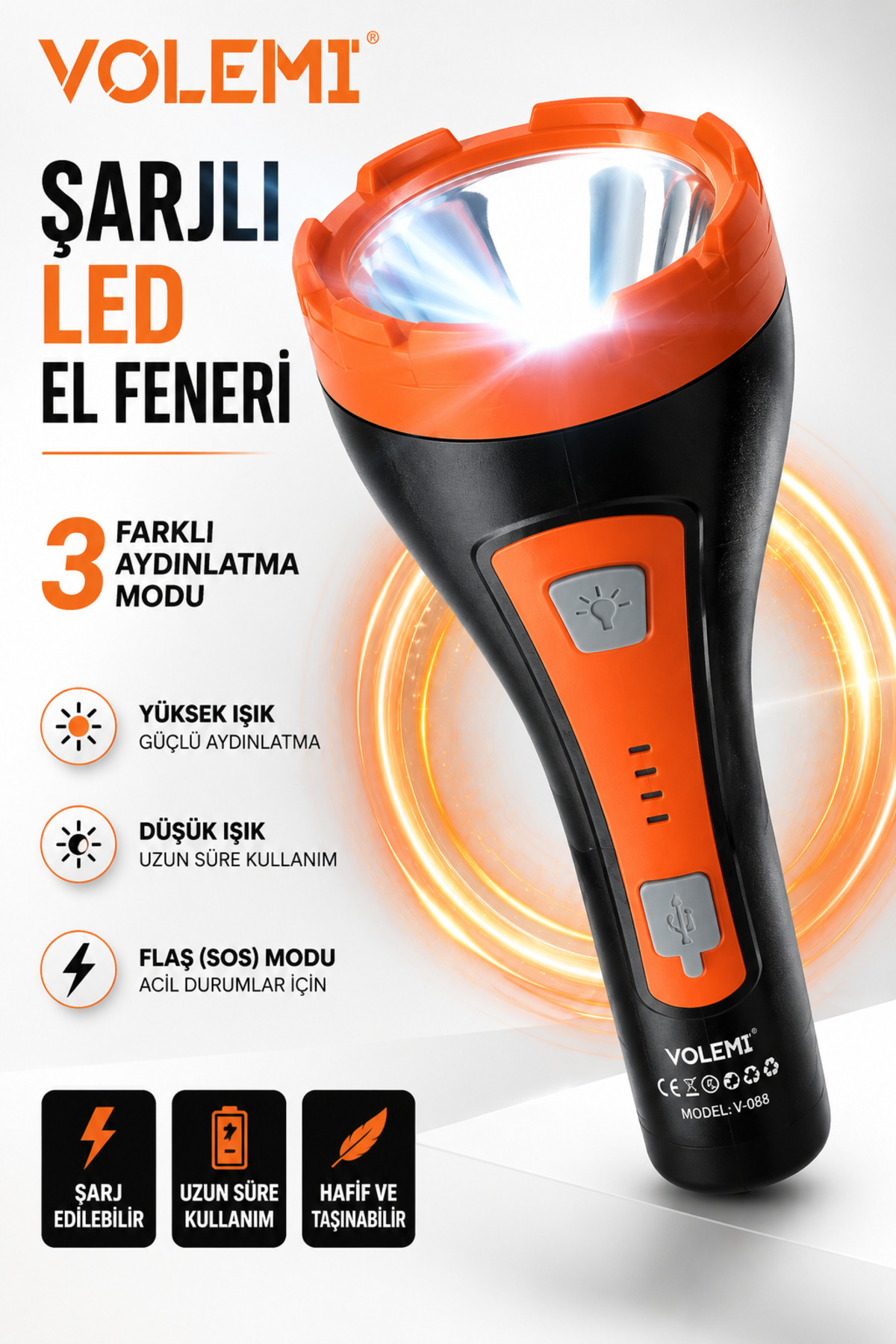 Rechargeable LED Flashlight V-088 | 3 Lighting Modes, Type-C Fast Charging, Powerful Light, Camping, Vehicle and Emergency Flashlight