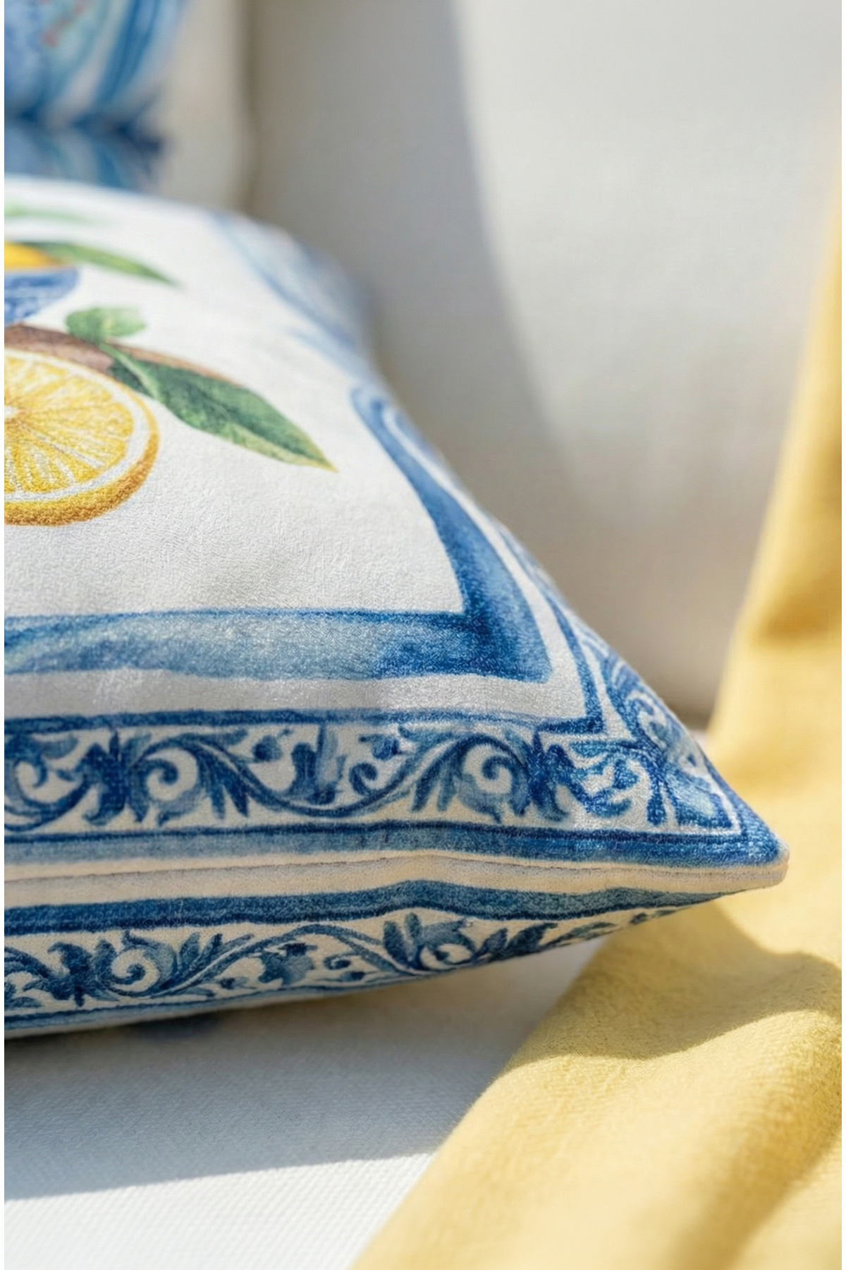 Ephesus Lemon Pattern Blue, Yellow, White Square Cushion 43 x 43 Cm Double Sided Cushion Cover