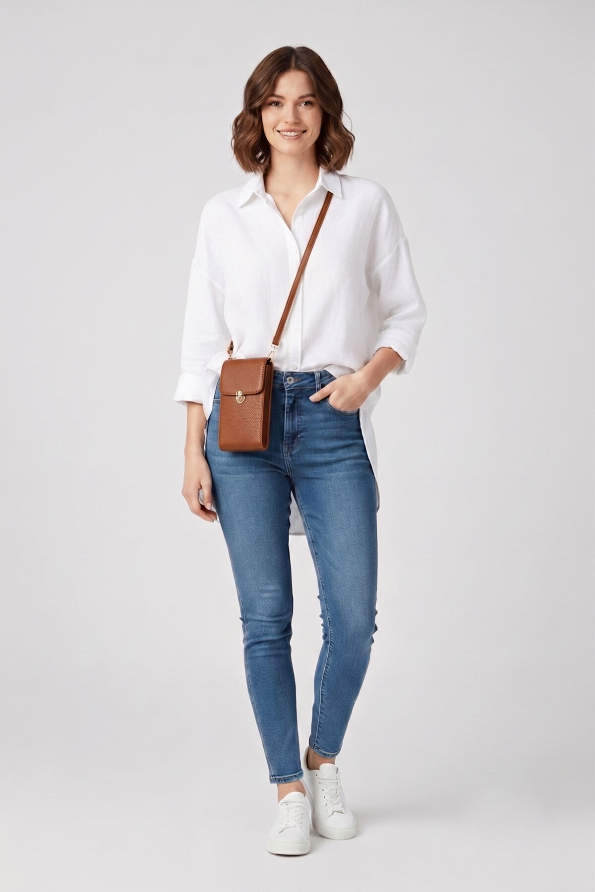 Coffee Genuine Leather Crossbody Phone Bag And Zipper Bag With Card Holder