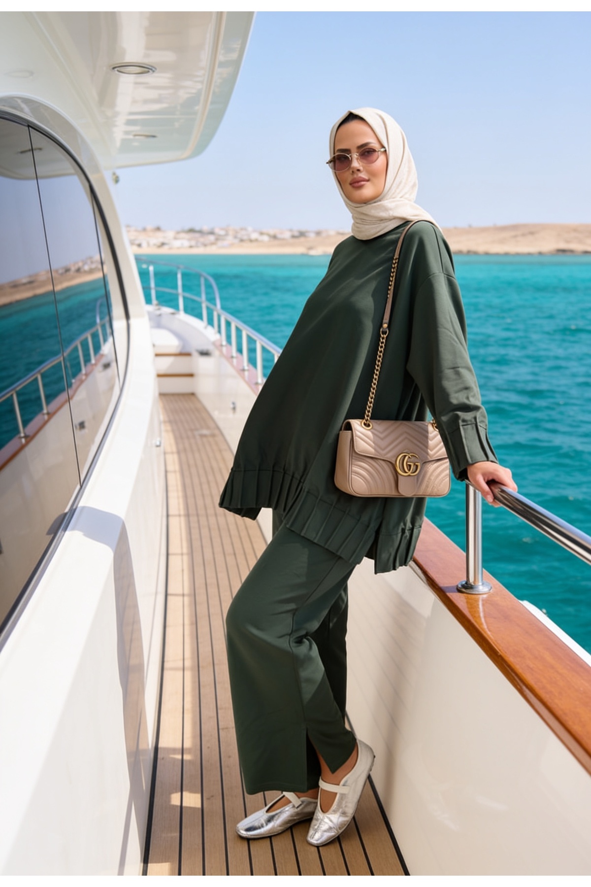 Aselim Hijap Moda Alisa Pleated Premium Modal Fabric Hijab Double Set – Green