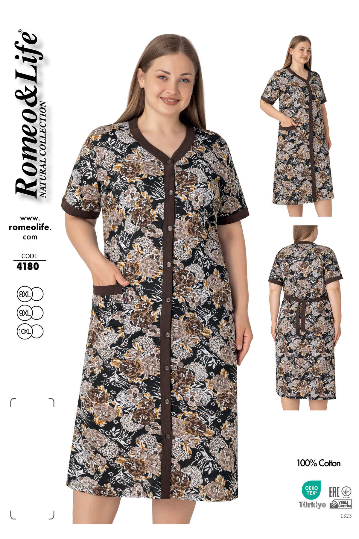 Women's Plus Size 100% Cotton Combed Fabric Buttoned Summer Dress / Brown-Yellow 4180