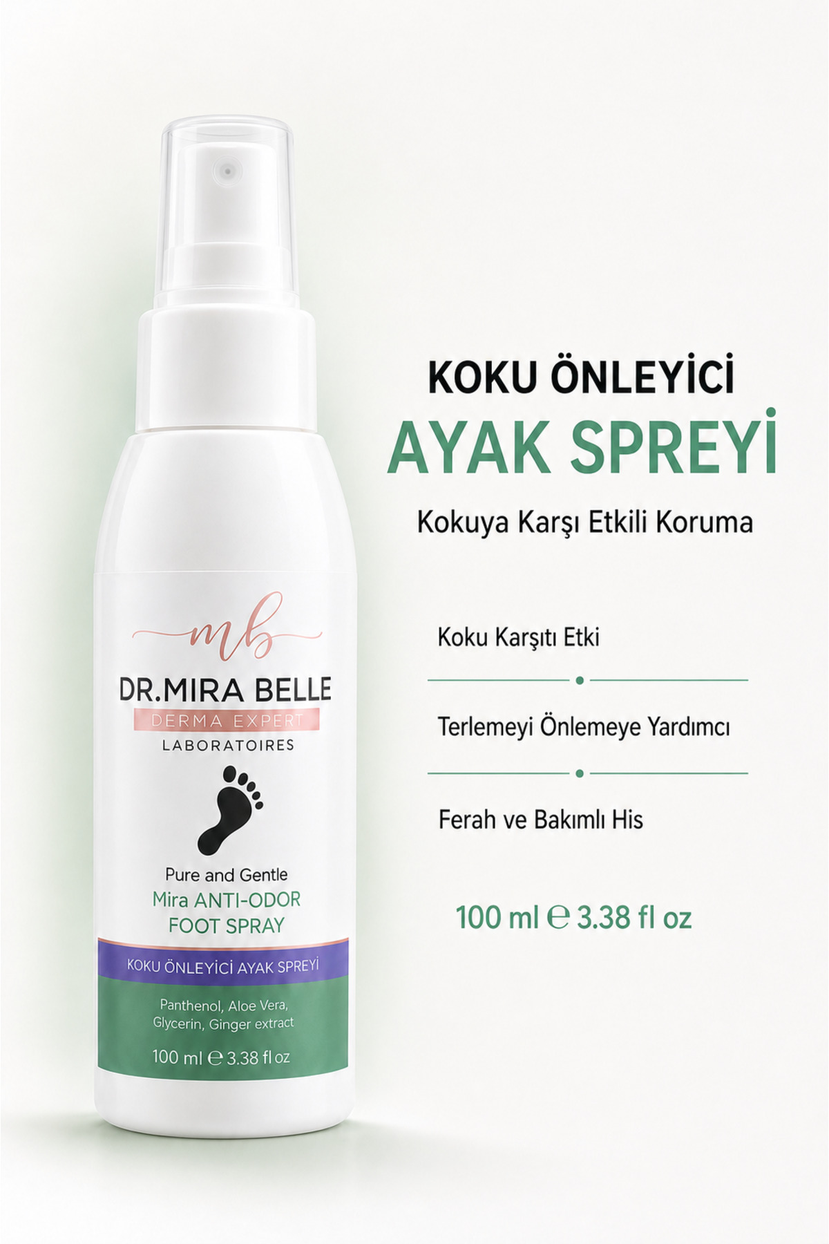 Dr. Mira Belle Derma Expert Mira Koku ve Karşıtı Terleme Önleyici Zencefil & Nane Özlü Ayak Spreyi 100 ml — DDE-BDY-FOOTSPRAY-100ML