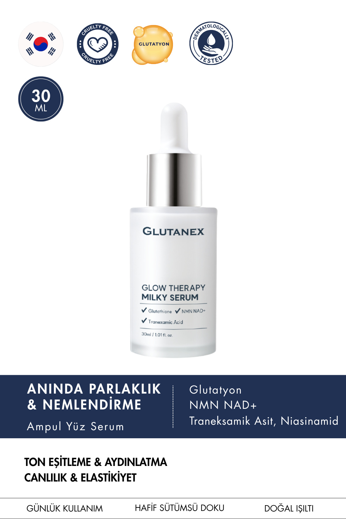 GLUTANEX Leke Karşıtı Aydınlatıcı Serum | Traneksamik Asit, NMN, NAD+ & Glutatyonlu | Glow Therapy Milky Serum | 30 ml — Glutanex052