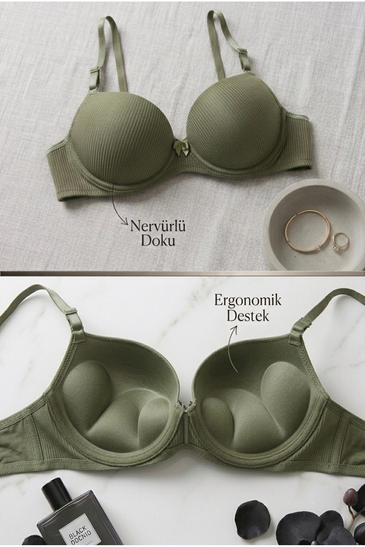 Lavint Homewear Yeşil Ultra Push-Up Çizgili Destekli Balenli Slikonlu Sütyen