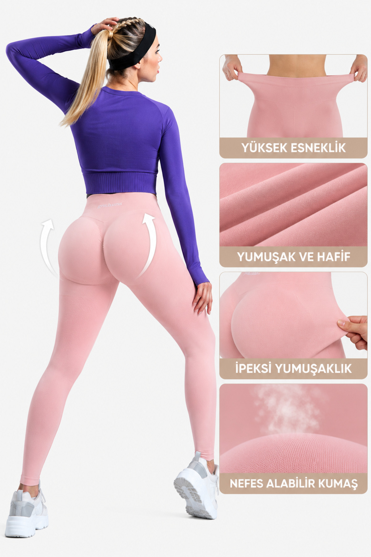 gymhams Pembe Kalçası Büzgülü Ve Ekstra Push Up Seamless Yüksek Bel Kalça Şekillendirici Kadın Tayt