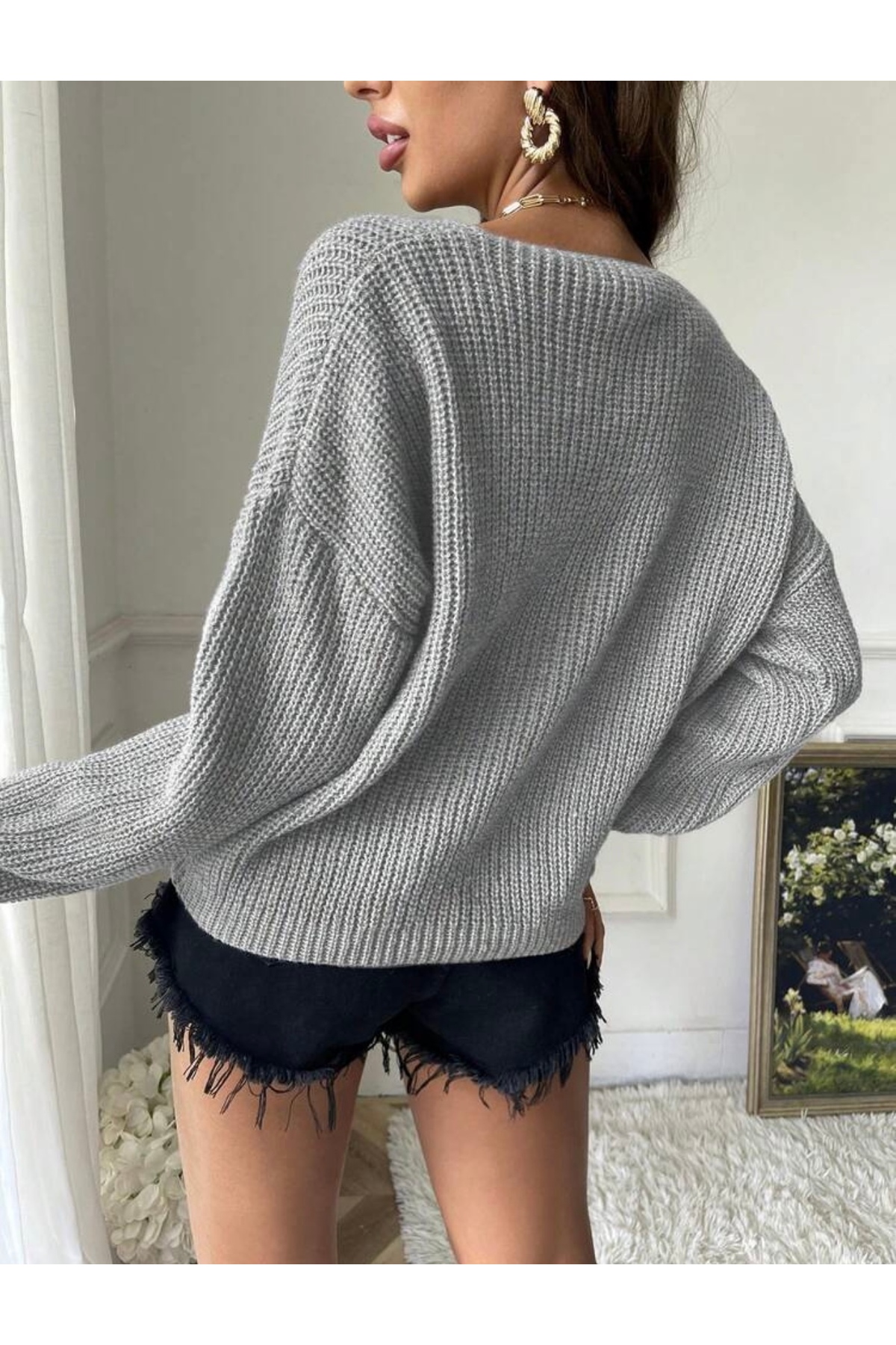 moda mh KADIN DÖKÜMLÜ V YAKA SELANİK ÖRGÜ BASİC KAZAK görsel 4