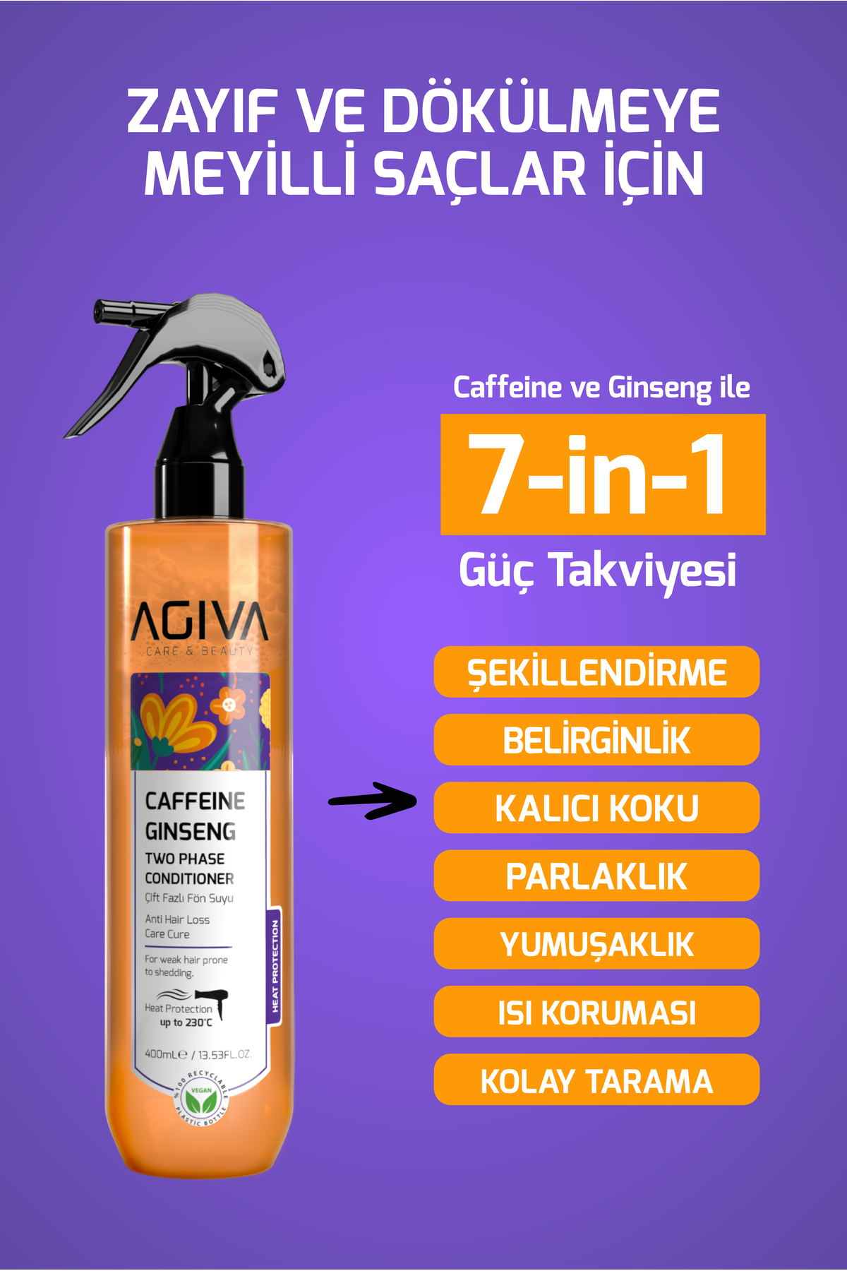 Caffeine Ginseng Dökülme Karşıtı ve Isı Koruyucu Çift Fazlı Fön Suyu - 400 ml - Vegan — 20053.2 — تصویر 3 از 8