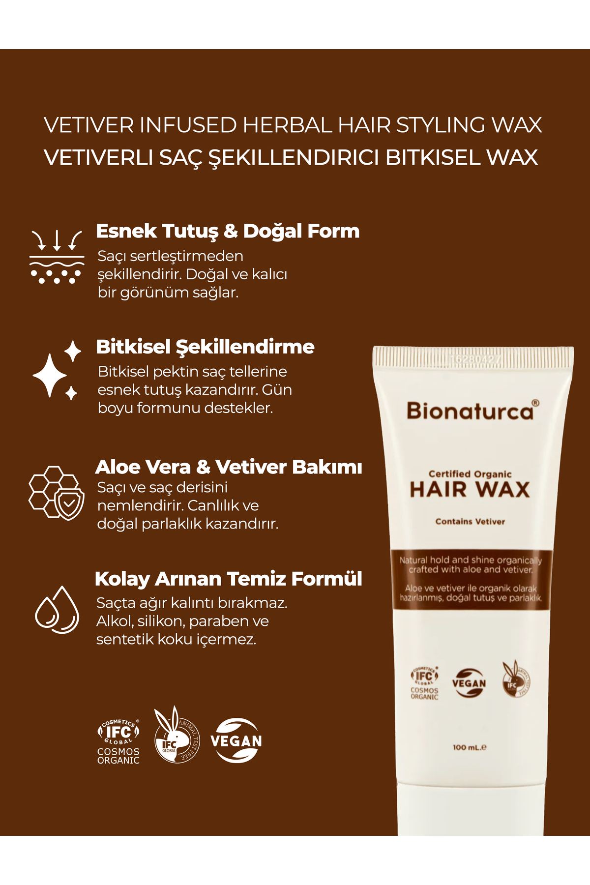 Organik Sertifikalı Vetiverli Saç Şekillendirici Bitkisel Wax 100 ml — B01.01.061 — تصویر 3 از 5