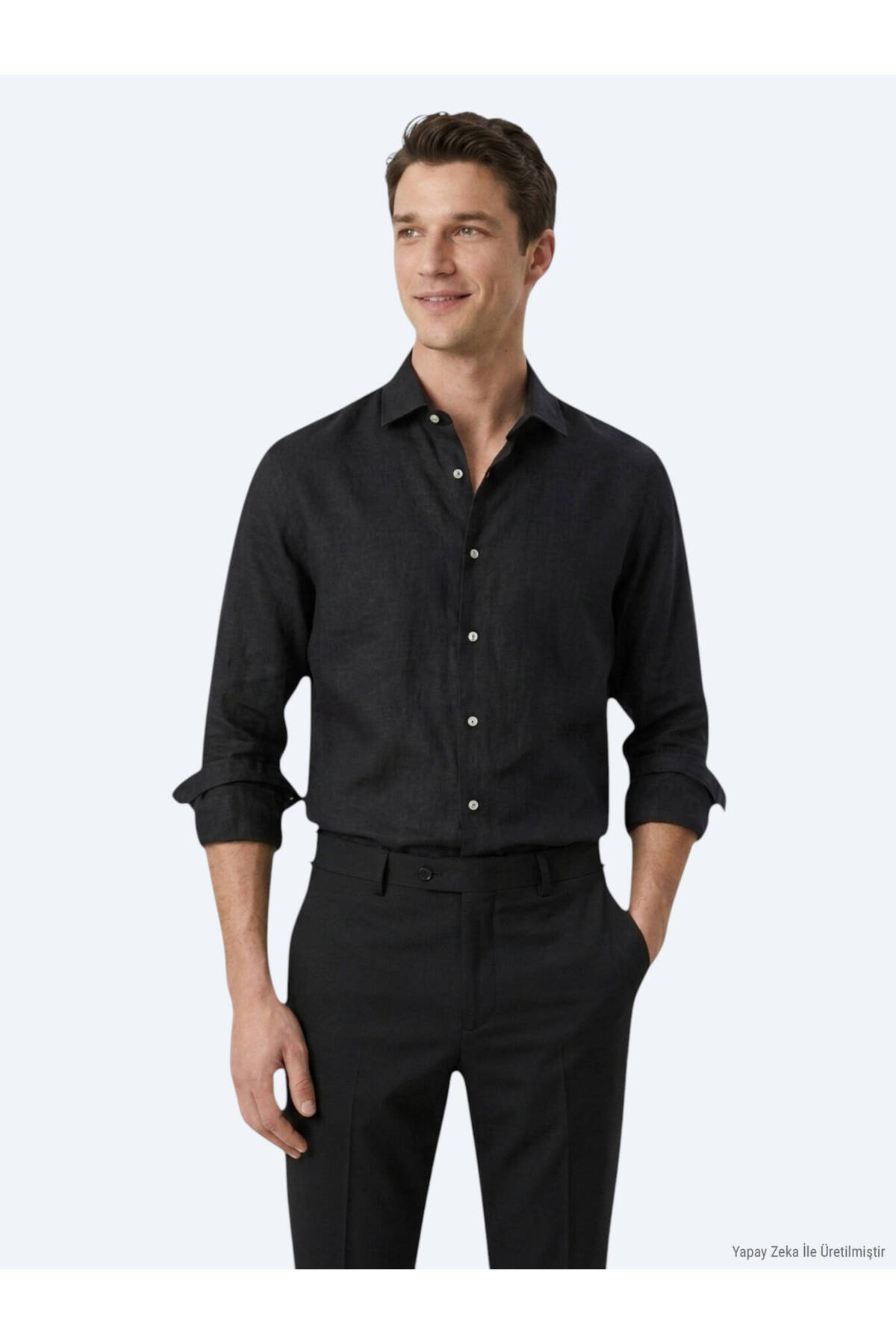 Siyah Regular Fit Uzun Dokuma Casual Pamuk Karışımlı Gömlek — مشکی 53816 — تصویر 3 از 8