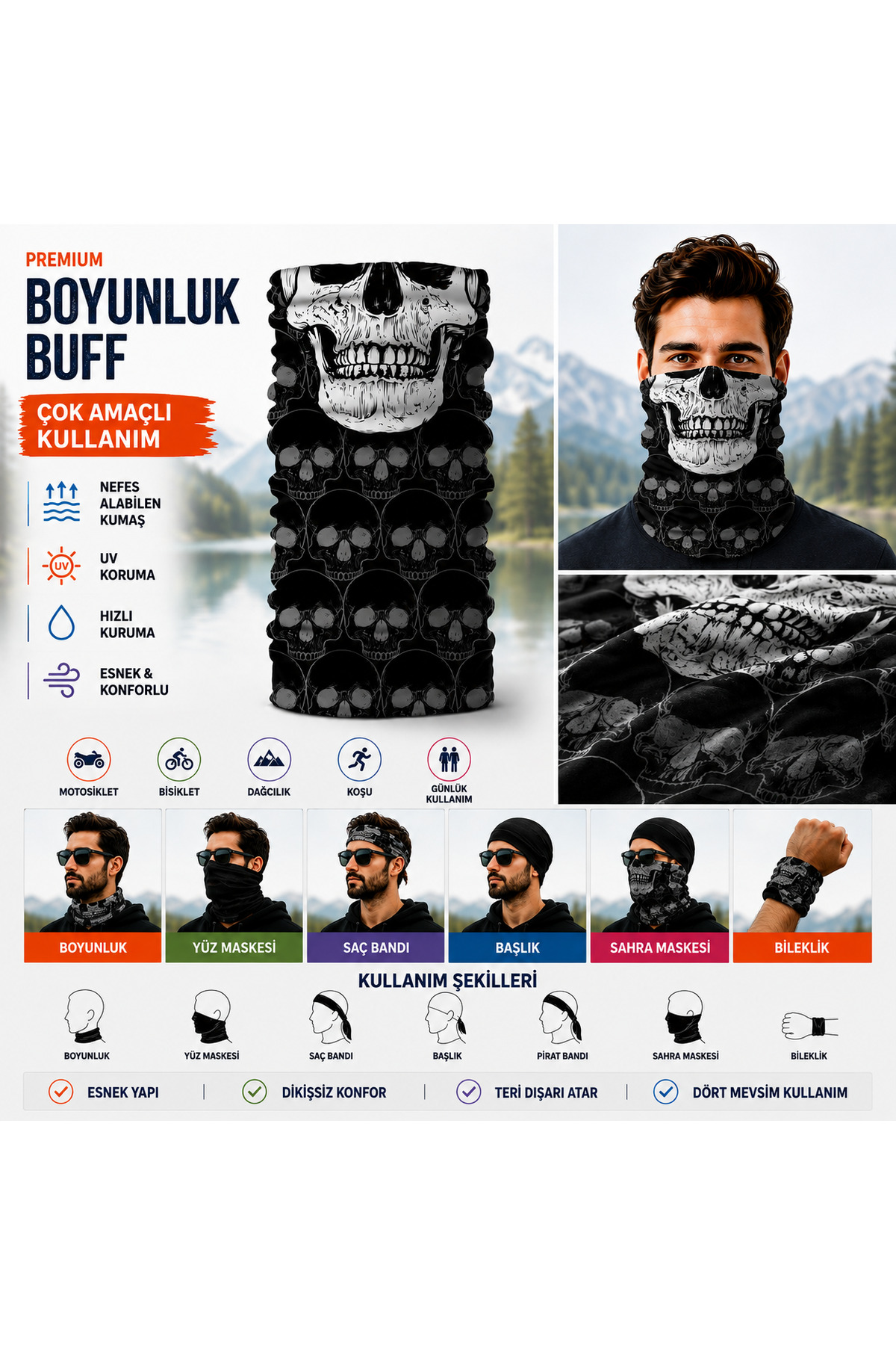 FG KONNİCHİWA Ghost Hayalet Motor Bisiklet Yüz Maskesi Outdoor Desenli Buff Boyunluk Bandana Balaklava görsel 2