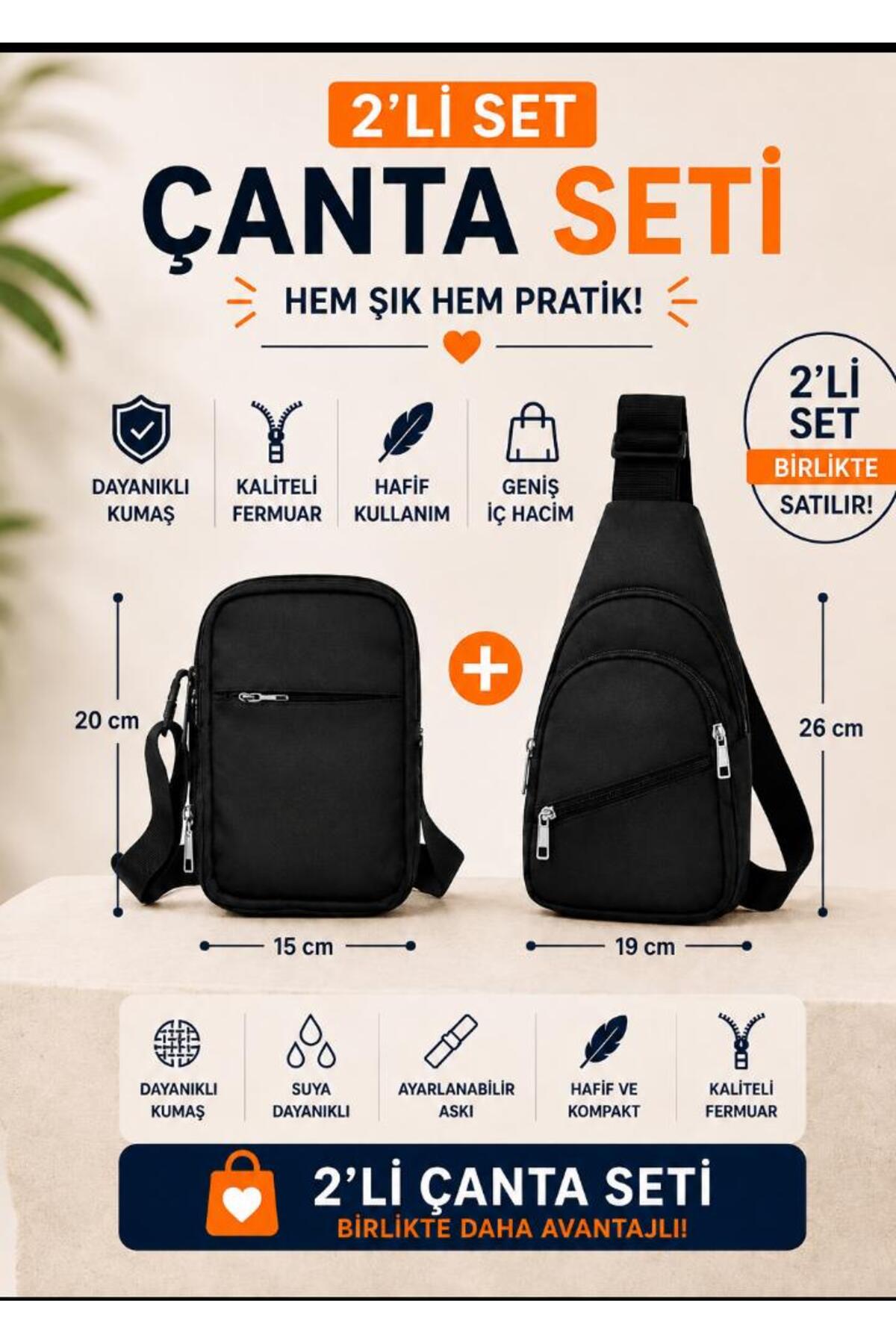 Sofia Set Halinde İkili Askılı Siyah Crossbody bag Bel Çantası