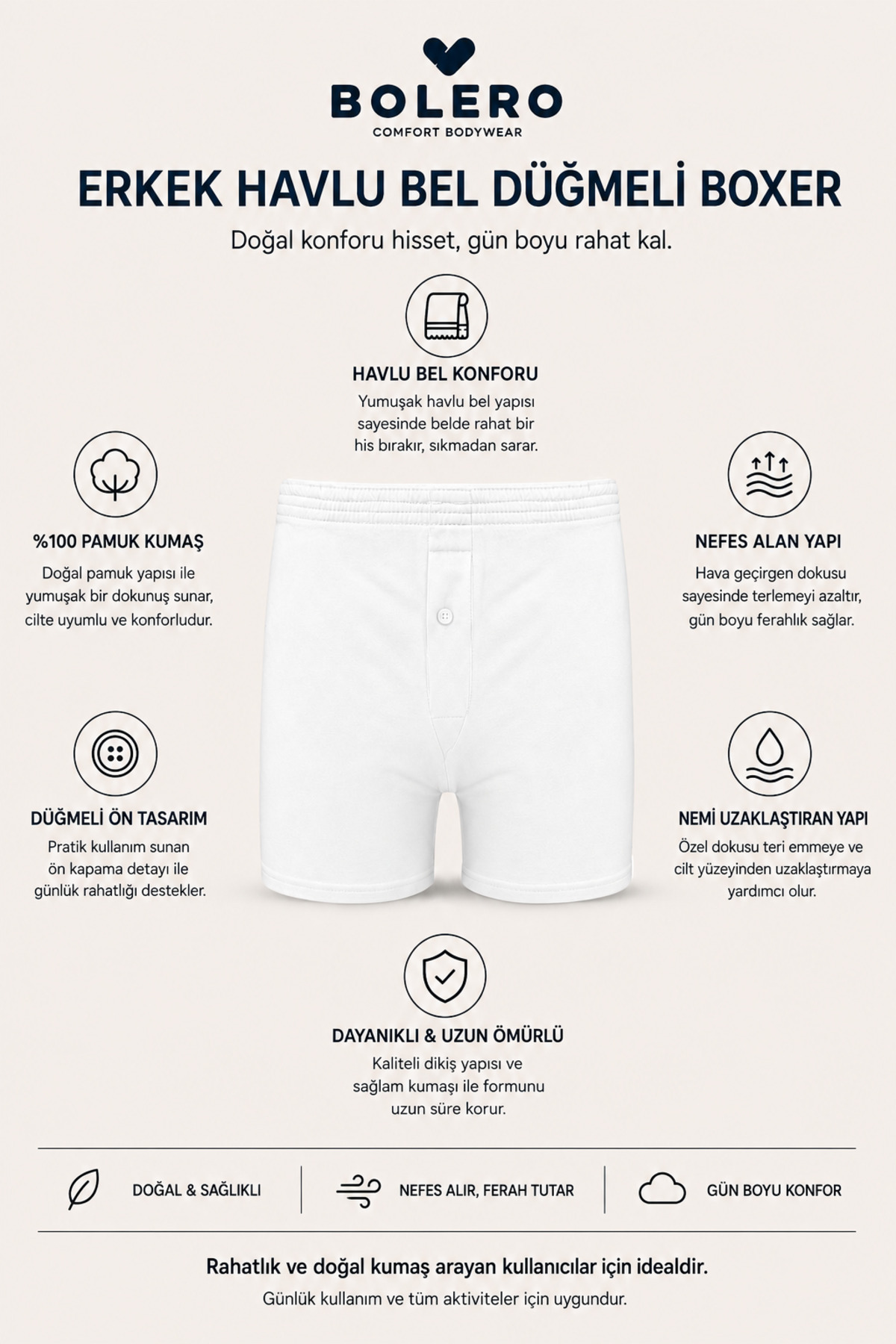 Bolero Erkek Havlu Bel Düğmeli Boxer Beyaz görsel 2