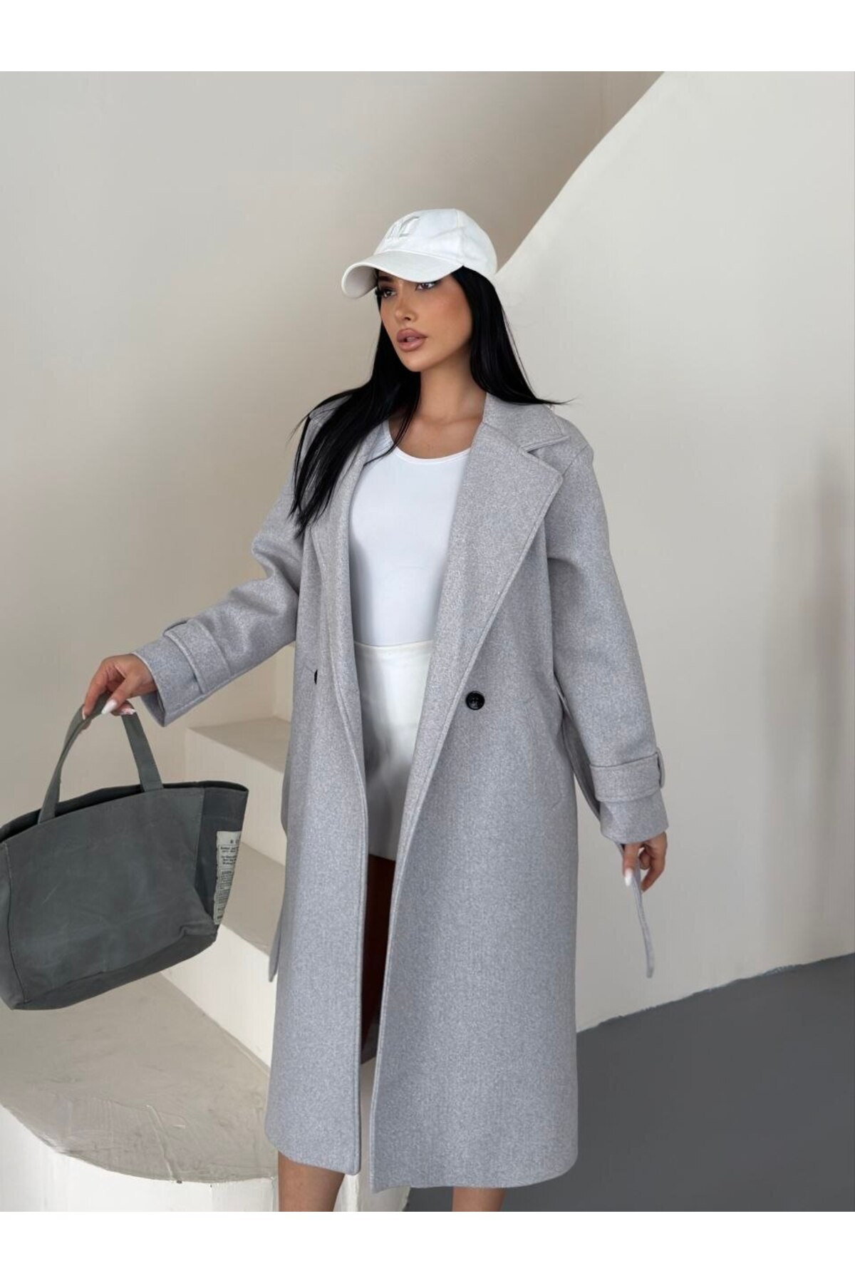 VESS MODA Kadın Kuşak ve Düğmeli Uzun Kaşe Kaban Gri görsel 2