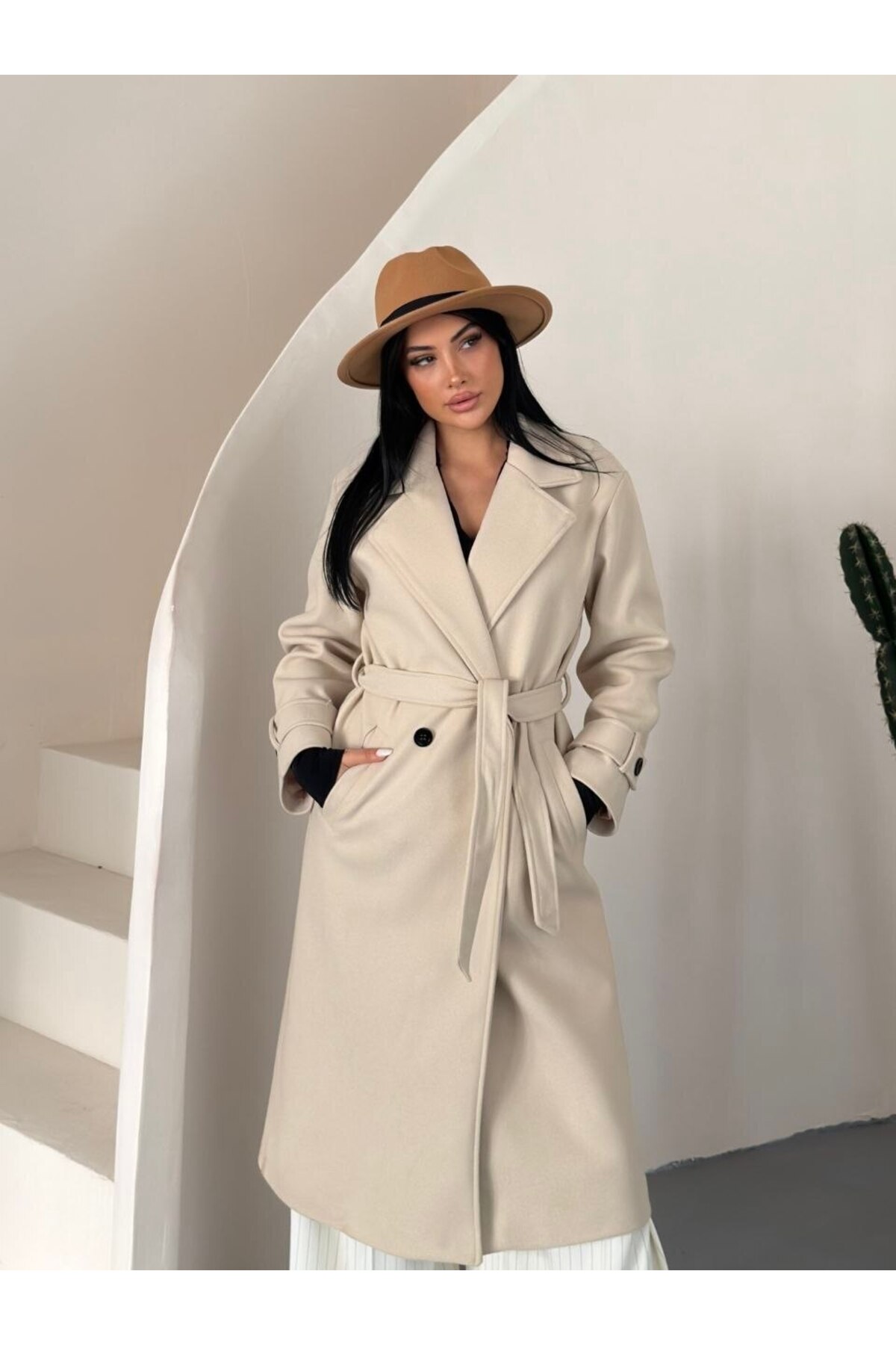 VESS MODA Kadın Kuşak ve Düğmeli Kaşe Kaban