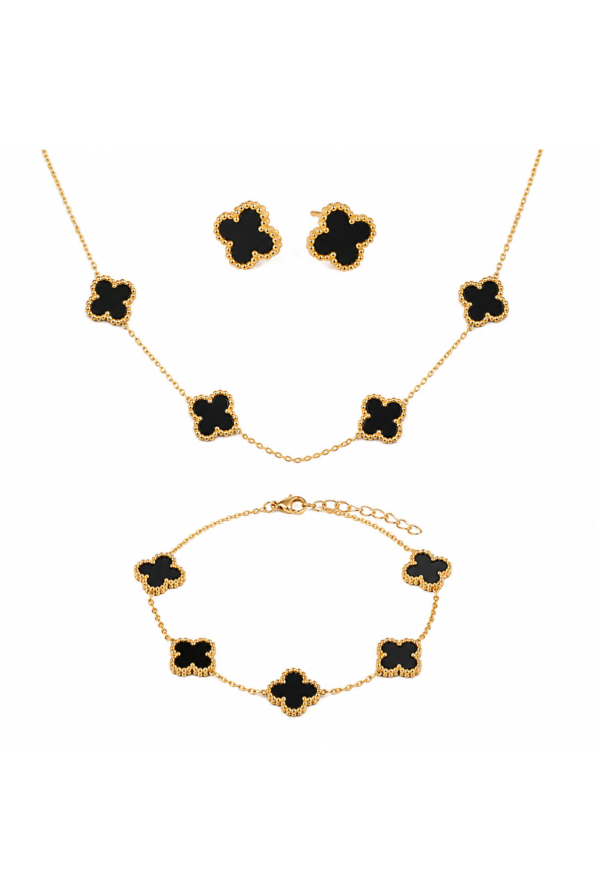 ATALYA ACCESSORY Siyah Mineli Yonca Model Kadın Çelik Kolye Küpe ve Bileklik Seti - 3'lü Set Kararmaz - Kutulu görsel 3