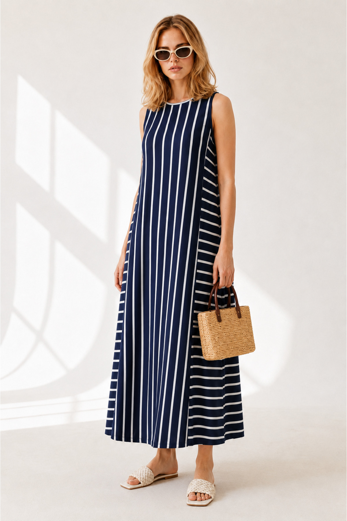 Olalook Women's Navy Blue Striped Long Casual Dress ELB-19001075