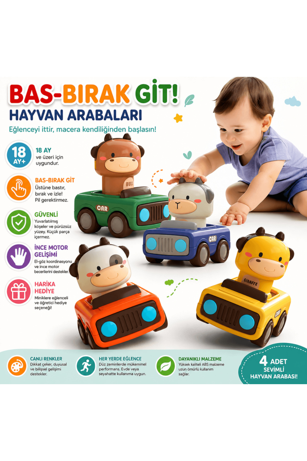 robokids Hayvan Figürlü Bas-Bırak Git Araba | Eğitici | 4'lü set