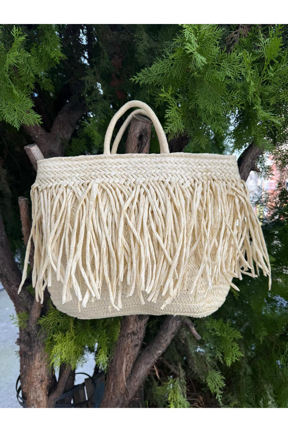 Axesoire NWC-1066 Bej Saçaklı Hasır Çanta 41x29 cm görsel 2