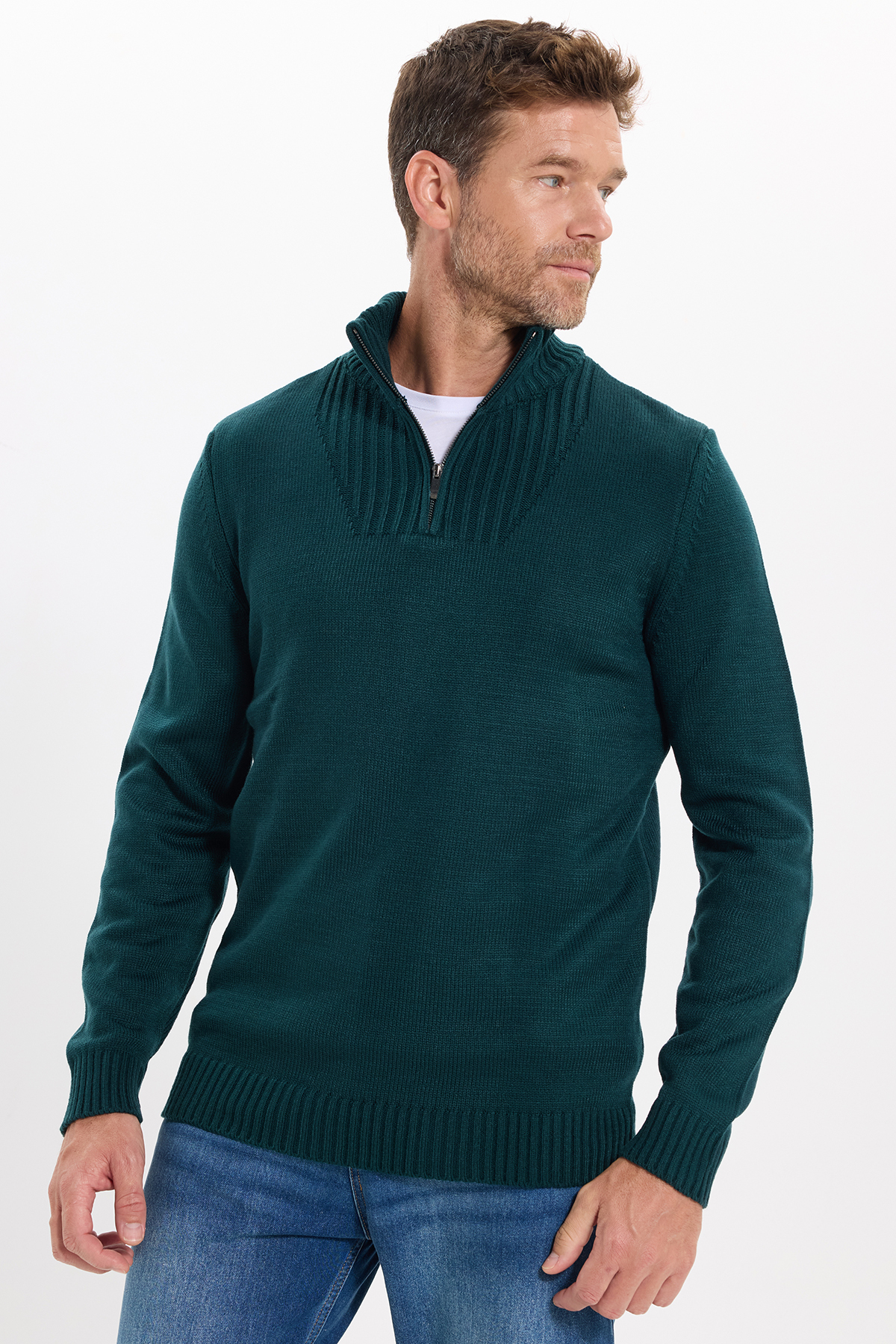 Erkek Slim Fit Dar Kesim Armürlü Fermuarlı Yeşil Dik Yaka Triko Kazak — سبز KZ230014-02 — تصویر 7 از 9