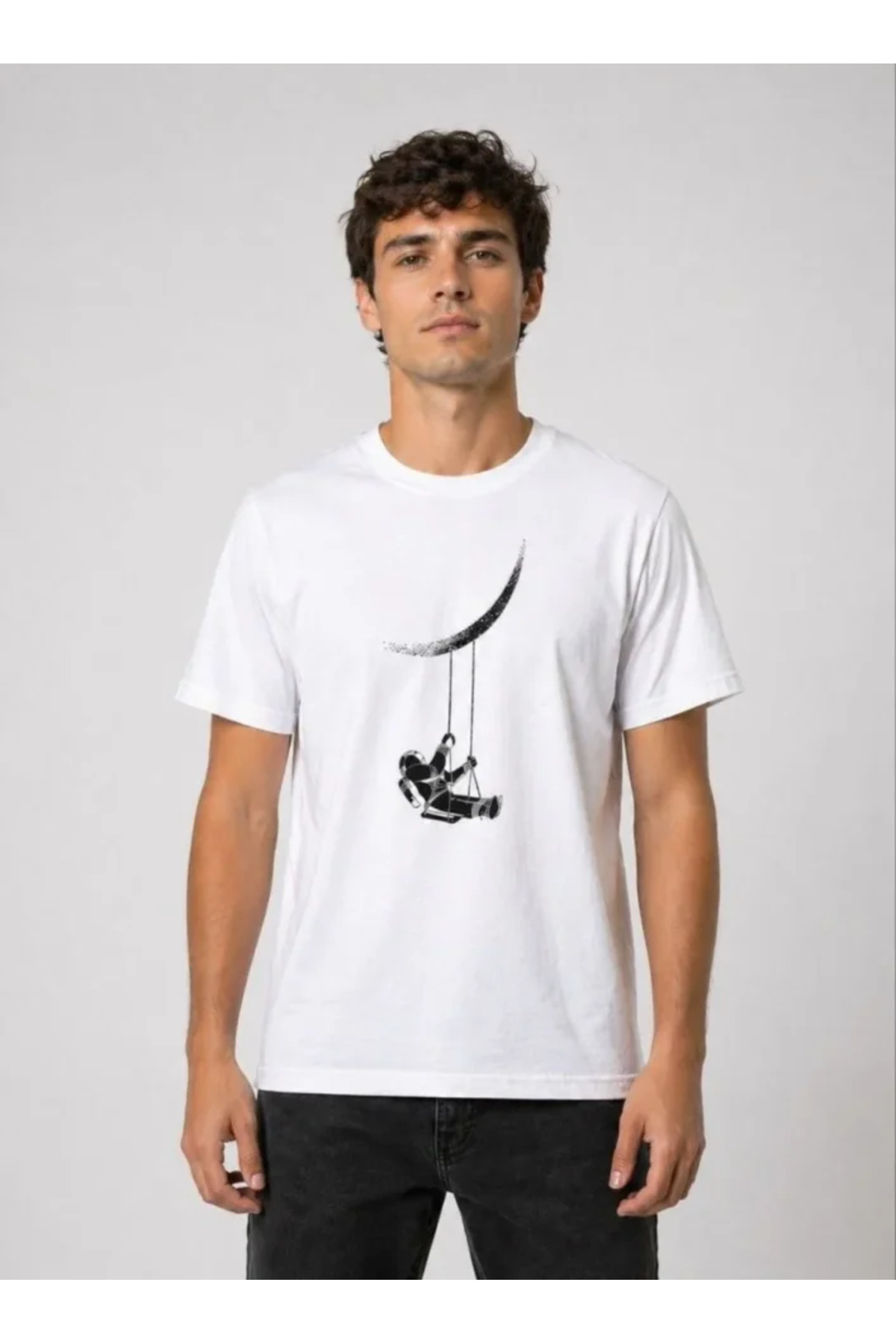 Erkek Astronot Ay Temalı Tişört Kısa Kol Yazlık Bisiklet Yaka T-Shirt - Beyaz alternatif görünüm