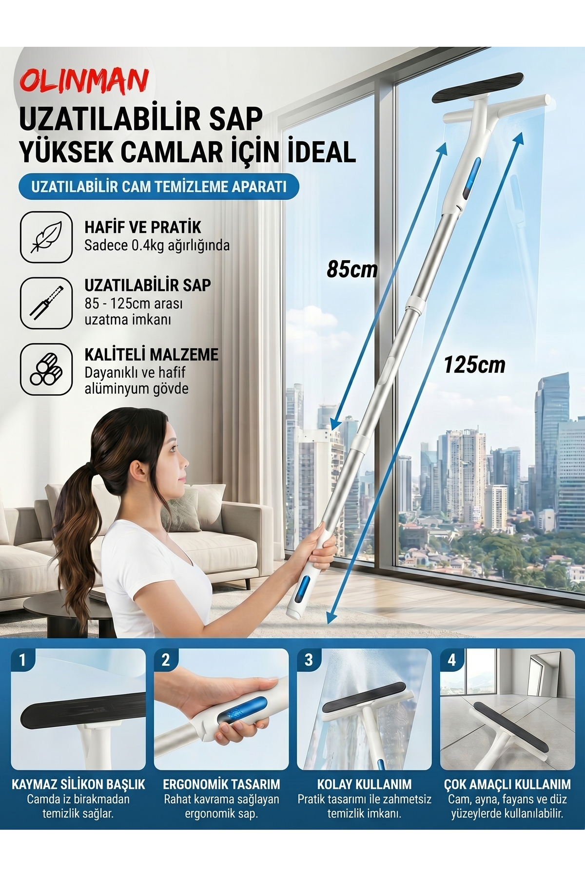 OliMop Telescopic Glass Cleaning Apparatus 85-125 cm | 3-in-1 Microfiber Glass Wiping Set