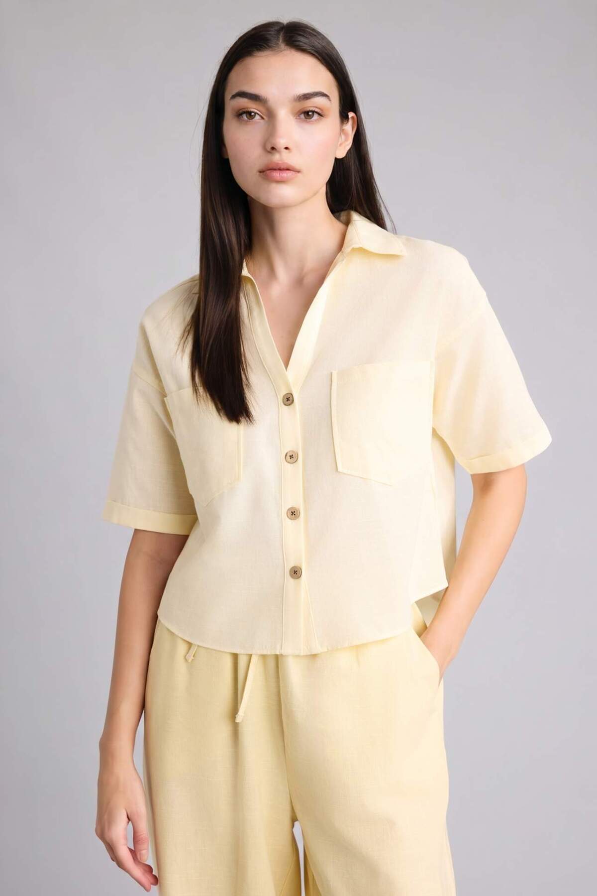 Defacto Boxy Fit Shirt Collar Linen Blended Short Sleeve Shirt V2523Az26Sp