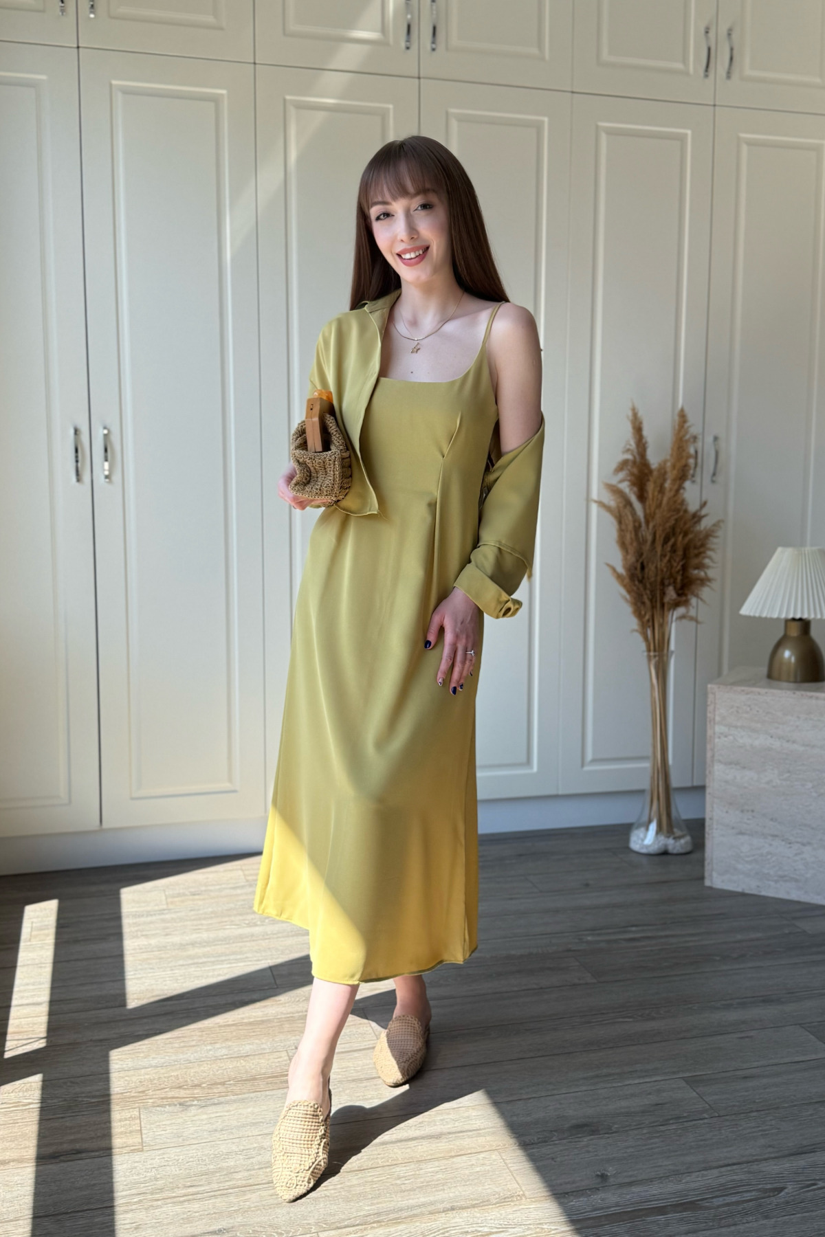 Chest Drape Detailed Shirt Dress Mustard Set