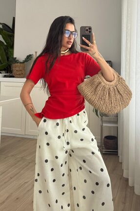Mzr Collection KADIN KETEN PUANTİYE DESENLİ ASTARLI LASTİKLİ PANTOLON