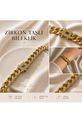 ADELYA CONCEPT 14K Altın Kaplama Zirkon Taşlı Kalın Zincir Bileklik – Ağır & ...