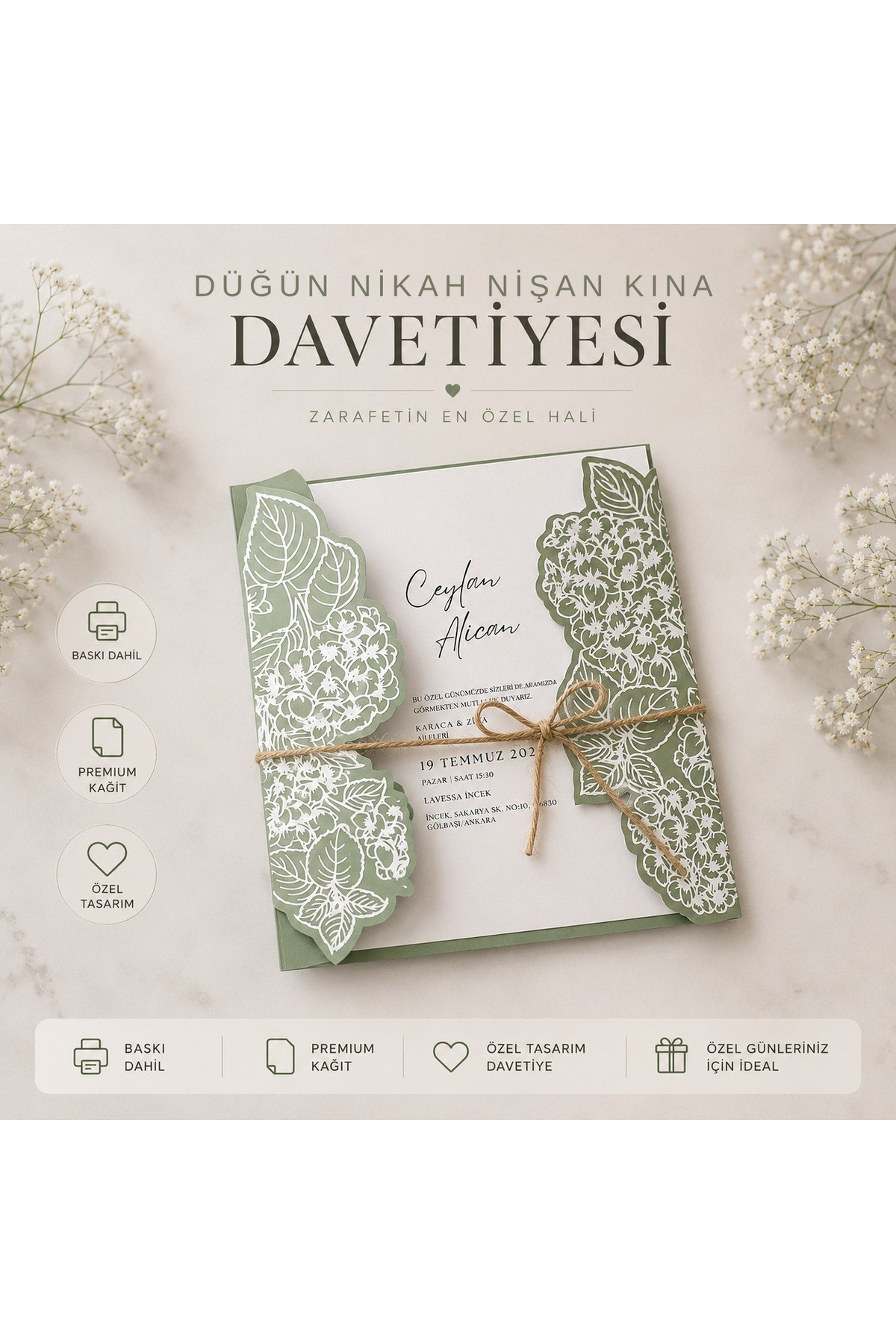 Özel Kesim Zarflı Lüks Davetiye 50 Adet | Baskı Dahil Premium Tasarım