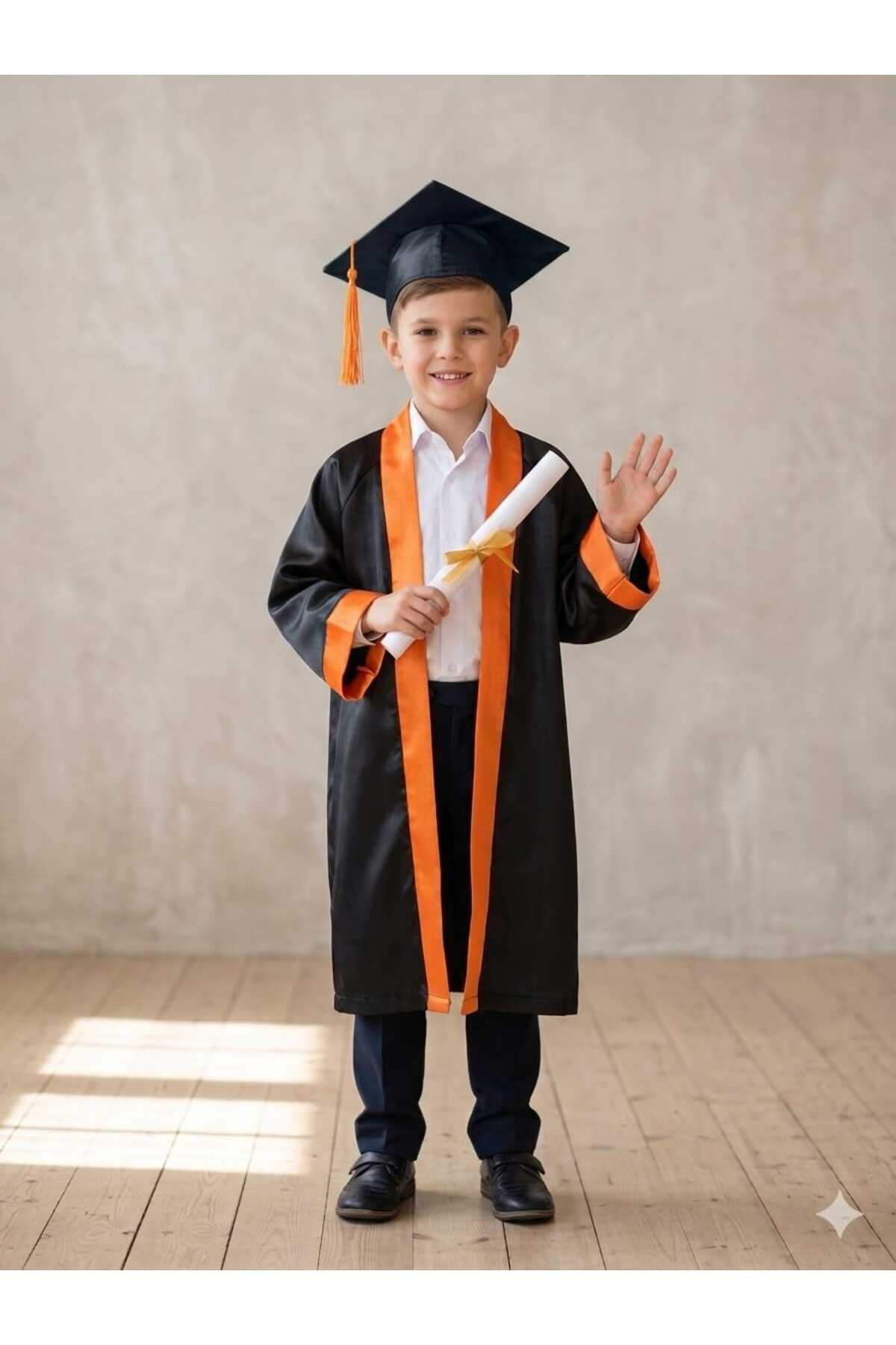 QUALITY ORANGE STRIPED DRESSING GOWN AND CAP FOR KINDERGARTEN PRIMARY AND SECONDARY SCHOOLS