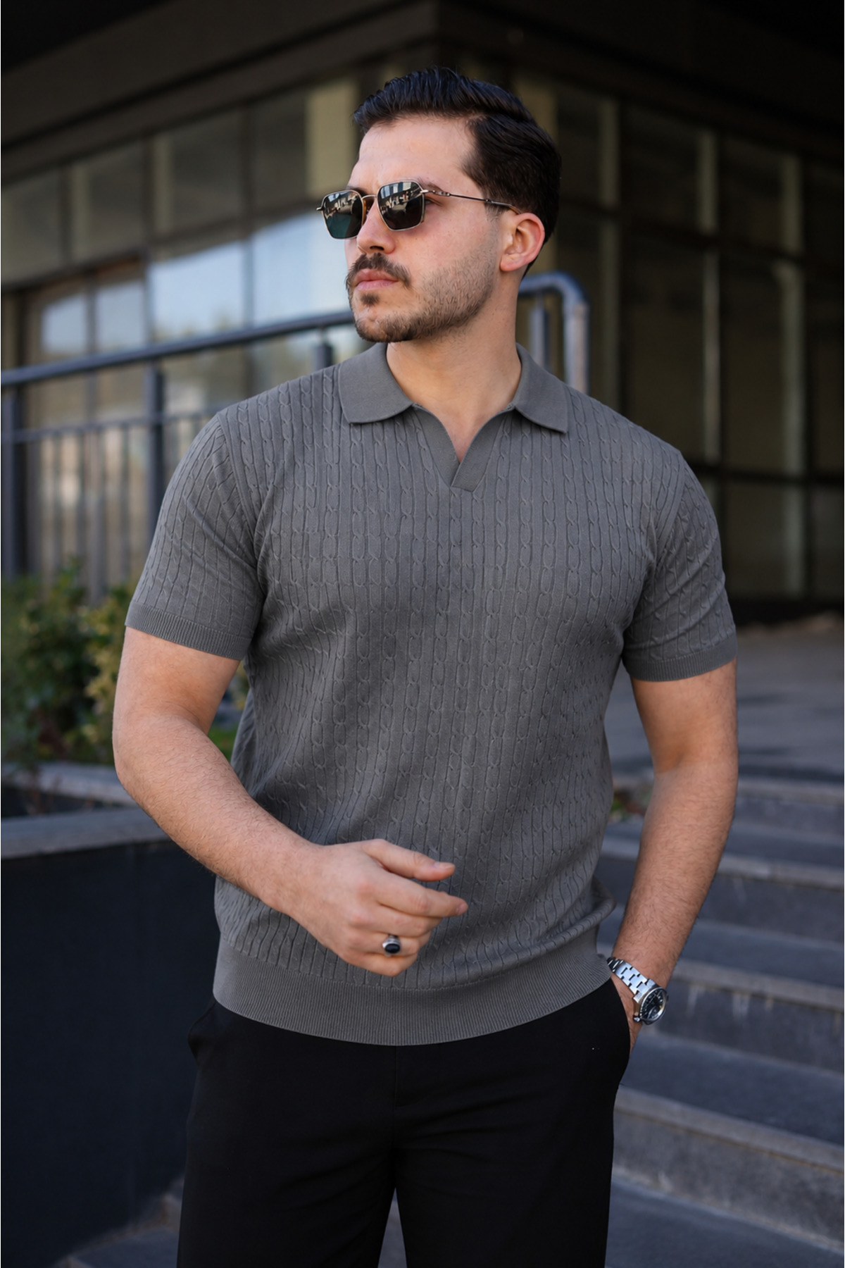 comstar Men's Casual Striped Smoked Knitwear Polo Neck T-Shirt