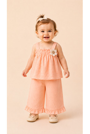 BENBİLGE Peachy Flower Nakış İşlemeli Müslin Kız Bebek İkili Takım - Pantolon...