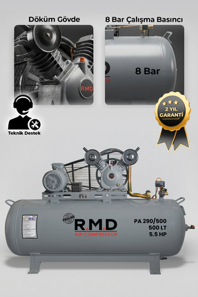 R.M.D Kompresör Hava Kompresörü Pistonlu 500 lt 2 Kafa 8 Bar 5.5 Hp I PA290I500