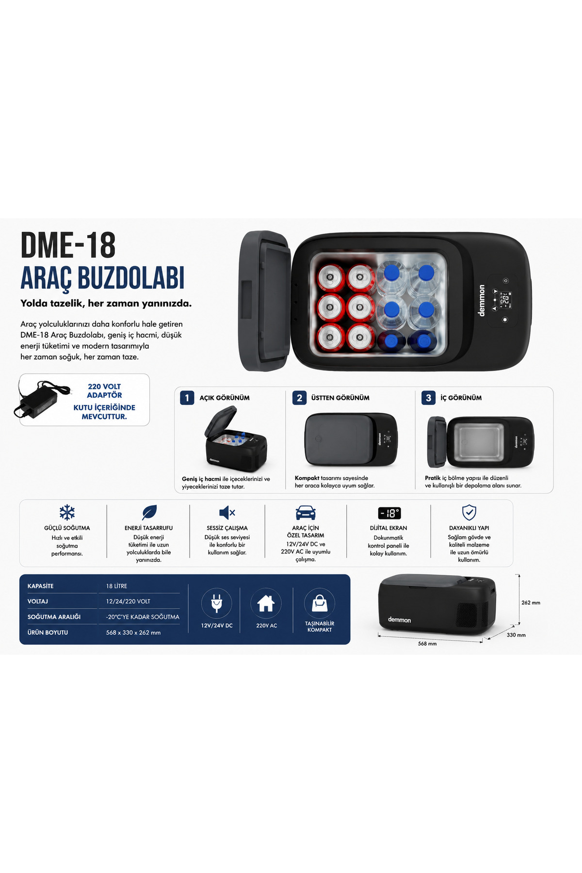 DEMMON DME-18 18L Kompresörlü Araç Buzdolabı | 220V Adaptör Dahil