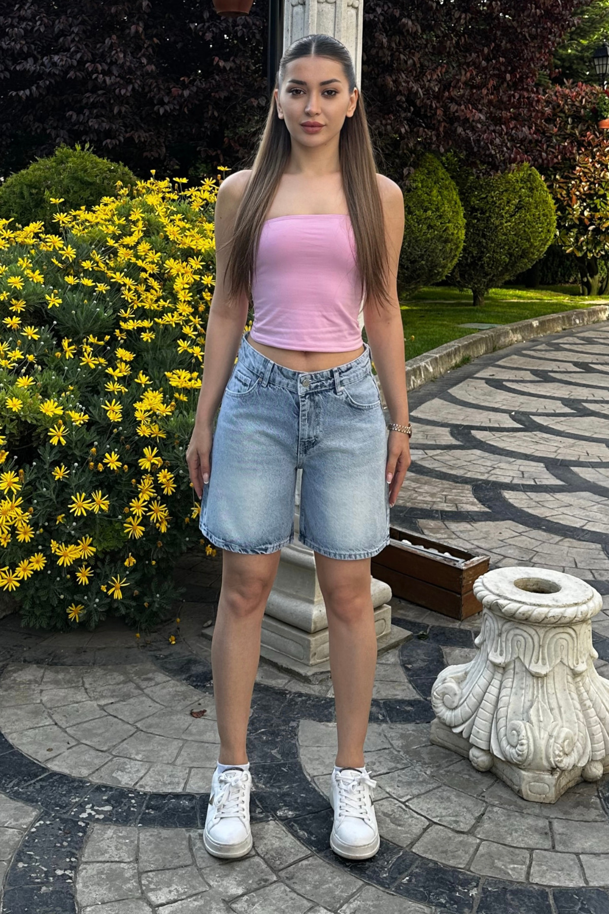 Kadın Vintage Efektli Yüksek Bel 5 Cepli Straight Fit Şort Jeans açık mavi 7
