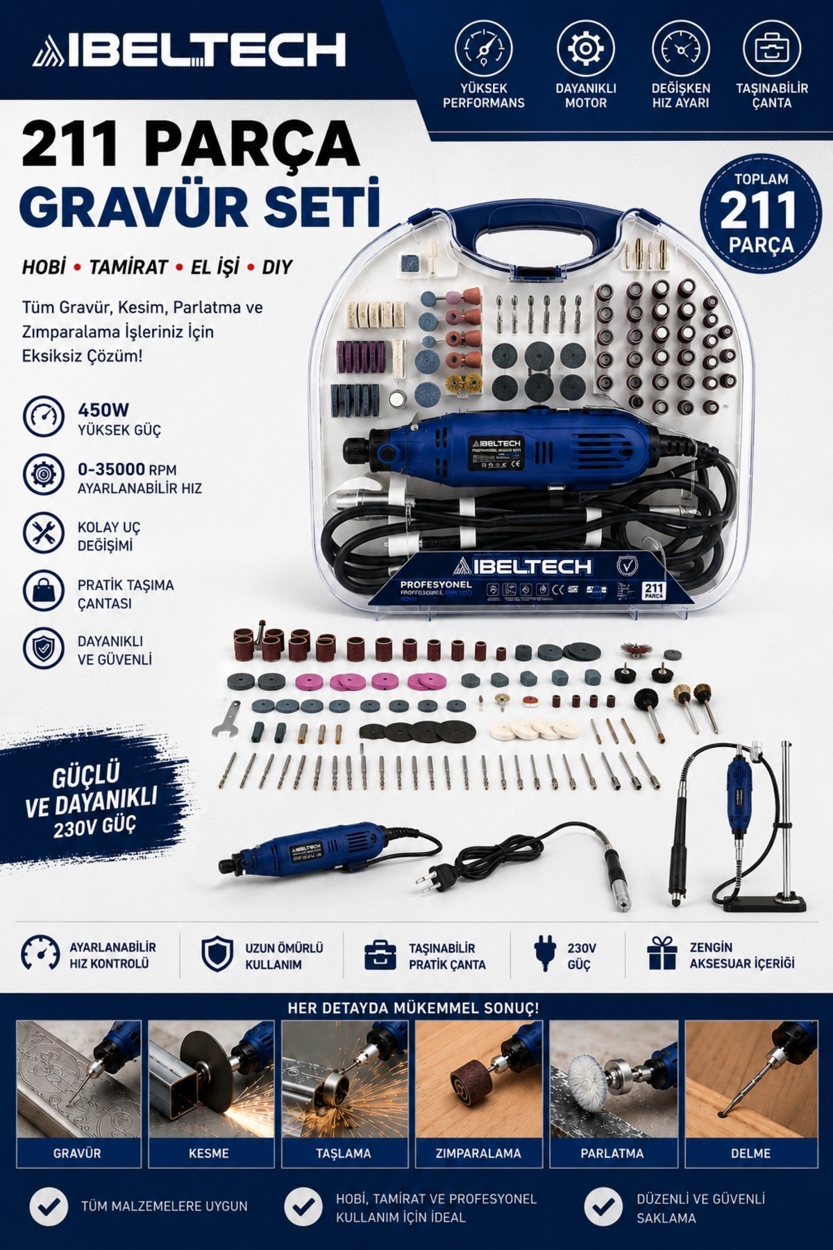 İBELTECH Blue Series 211 Parça Profesyonel Gravür Motoru Seti