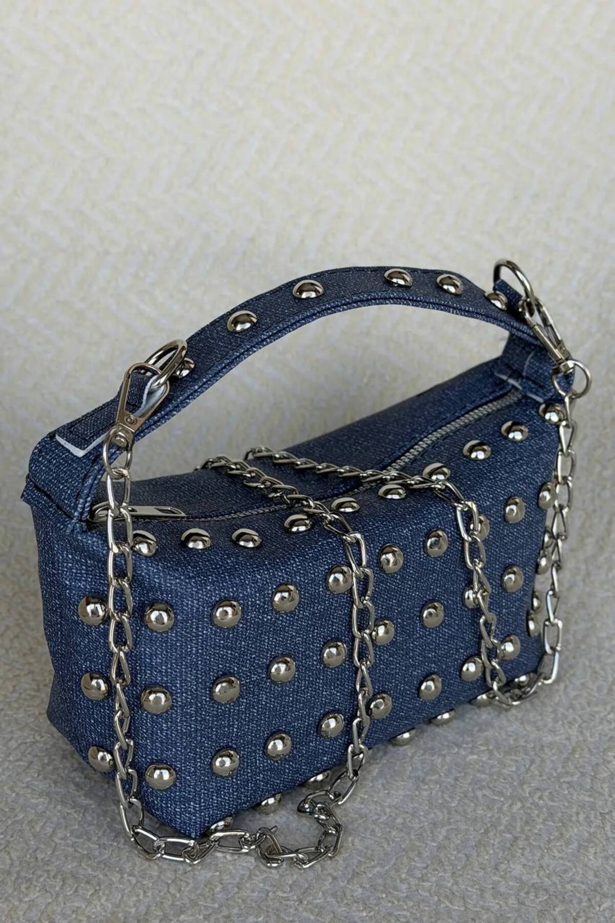 Dark Blue Denim AUİSSE Women's Stud-Detail Handbag and Shoulder Bag görünüm 3