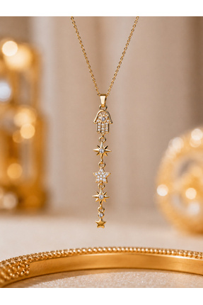 PEEM jewelry Kadın Gold Fatma Ana Eli ve Yıldız Figürlü Taşlı Sallantılı Kolye