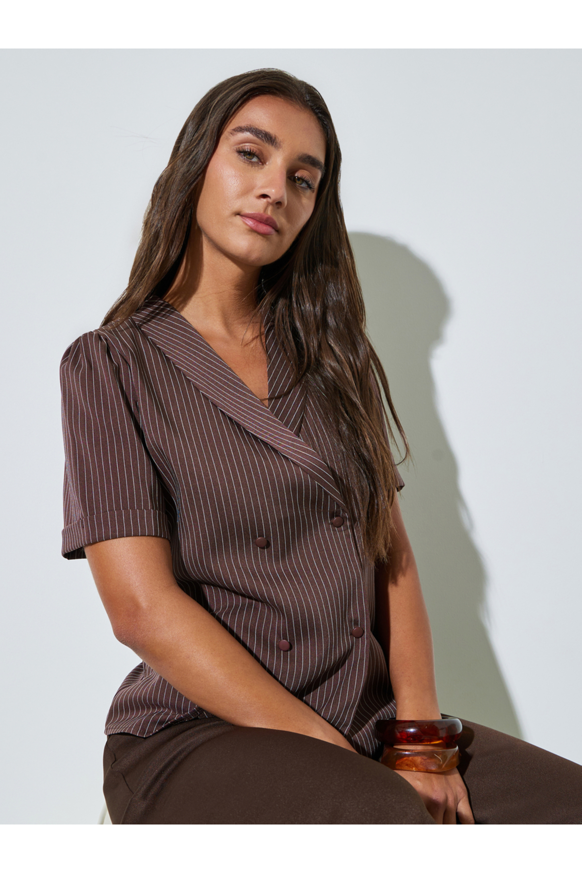 Styli Coffee Brown Striped Wrap Top