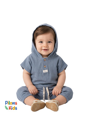 Pilons Kids Erkek Bebek %100 Pamuk Müslin Kapüşonlu Tişört ve Pantolon Yazlık...