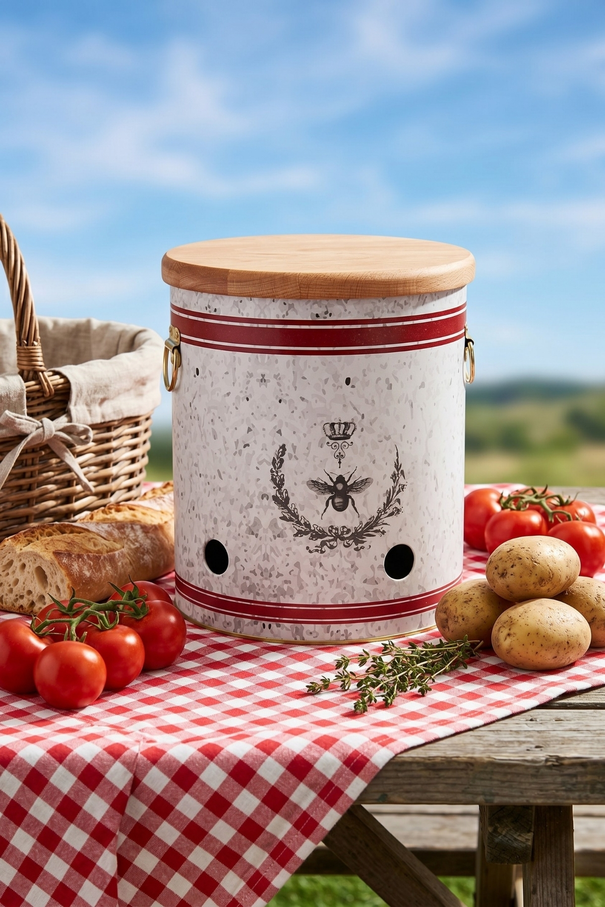 Country Housefly Ahşap Kapaklı Metal Patateslik & Soğanlık - 9 lt / Ø225x240 mm — Patates Soğan ve Sarımsak Saklama Kabı —…
