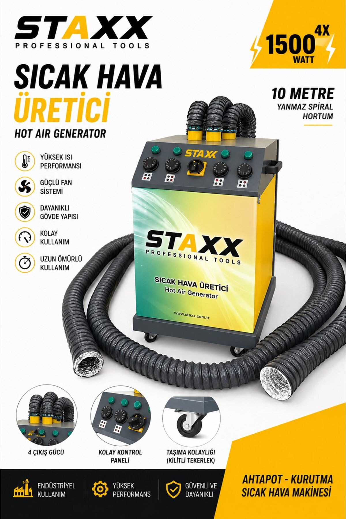 STAXX POWER Profesyonel Sıcak Hava Üretici 4x1500 W Ahşapot Kurutma Makinesi Oto Koltuk Kurutma Makinesi 6000 W