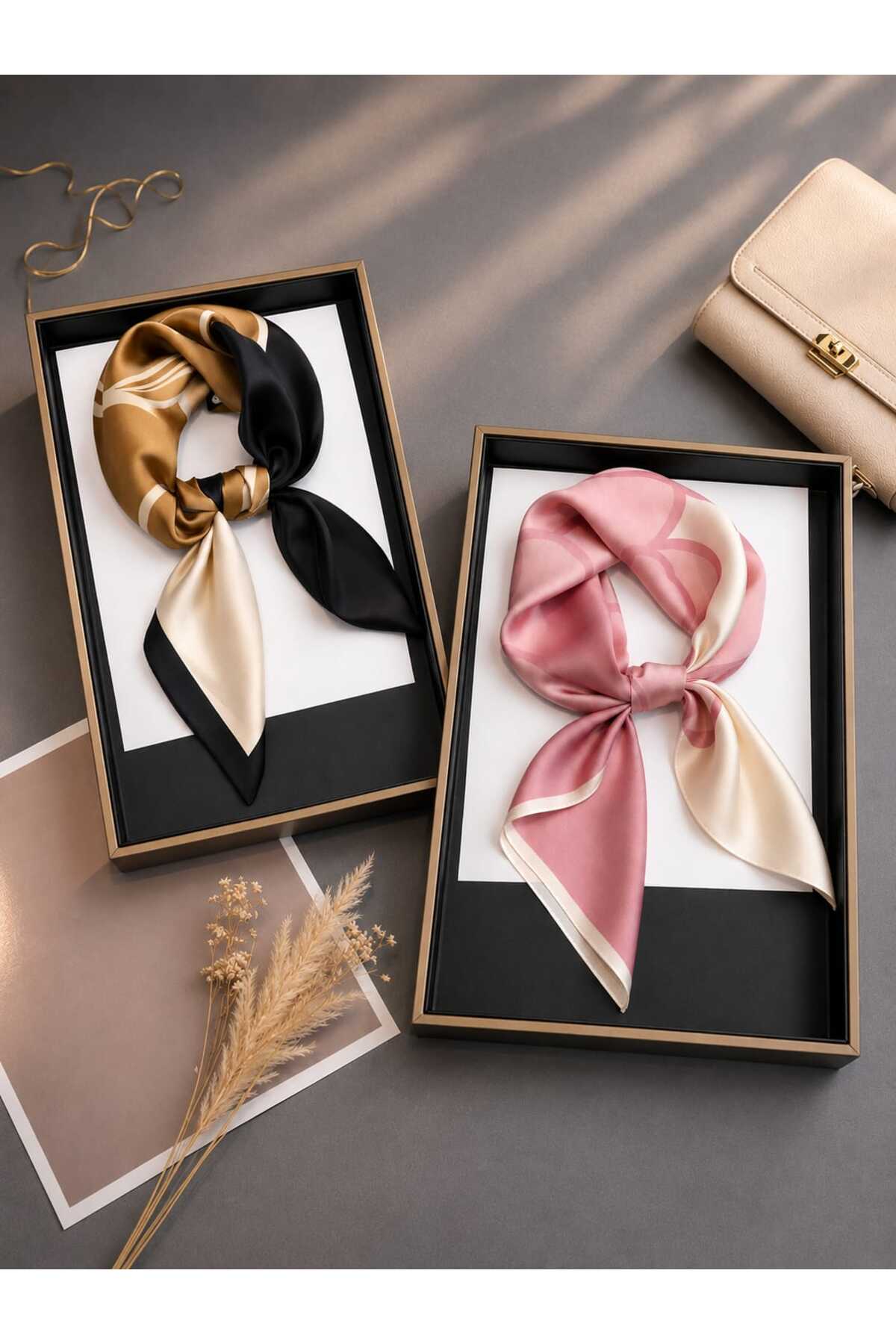 Mavero Kadın 2'li Fular Seti 50x50 cm İpeksi Boyun Şalı Siyah Gold Ve Pembe Aksesuar Kombini