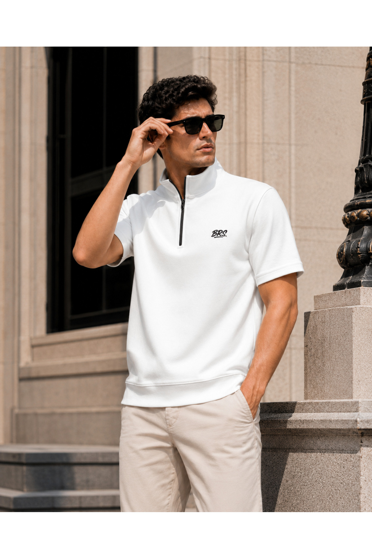 BAROS Oysho Fabric Stand Collar Half Zipper Injection Printed T-Shirt