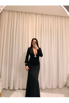 Labien Butik Göğüs Aksesuar Detaylı Siyah Maxi Elbise – Dalgıç Kumaş