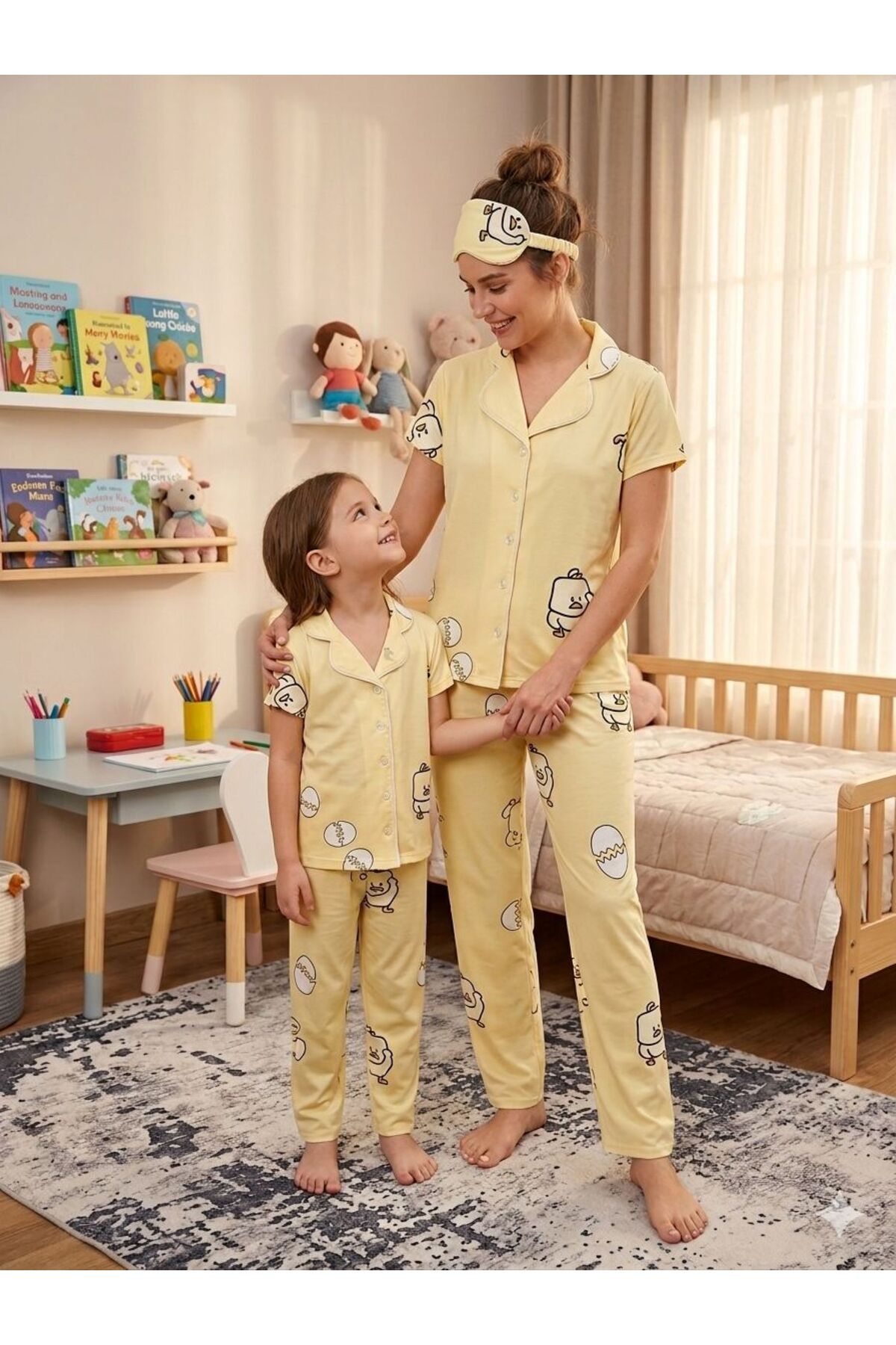 ALİŞ KİDS Mother-Daughter Cotton Yellow Chick Pattern Short Sleeve Shirt Collar Button-Down Summer Pajamas Set