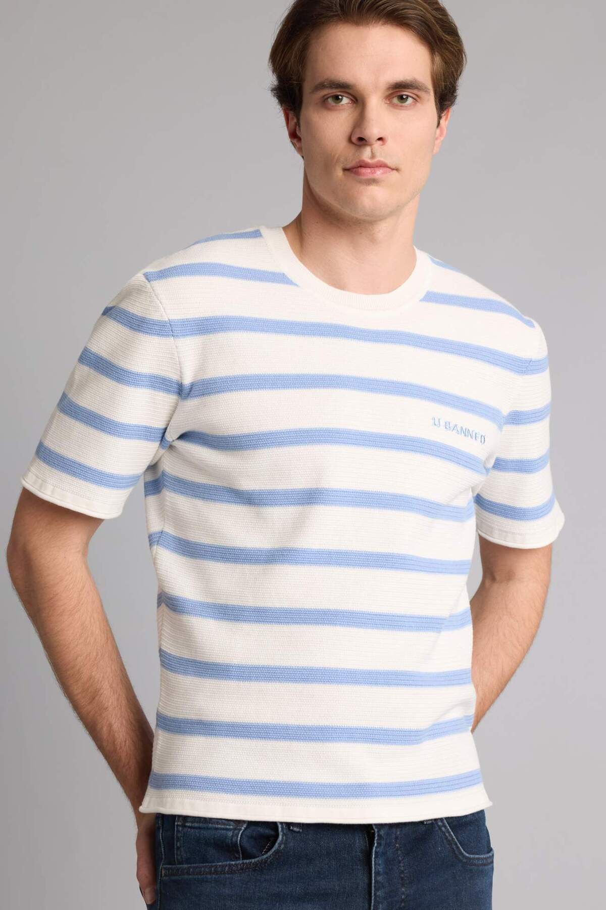 Defacto 100% Cotton Relax Fit Crew Neck Striped Short Sleeve Knitwear Ecru T-Shirt G3419Ax26Sm