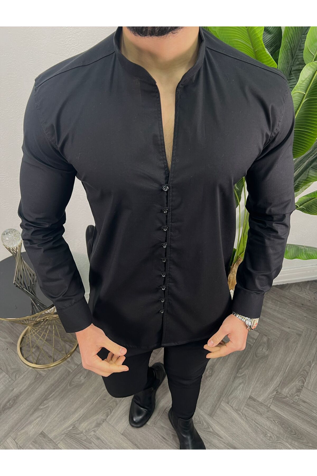 Erkek Slim Fit Hakim Yaka Likralı Gömlek | Modern Kesim — مشکی BAYIM LİKRALI MODERN KESİM — تصویر 3 از 3